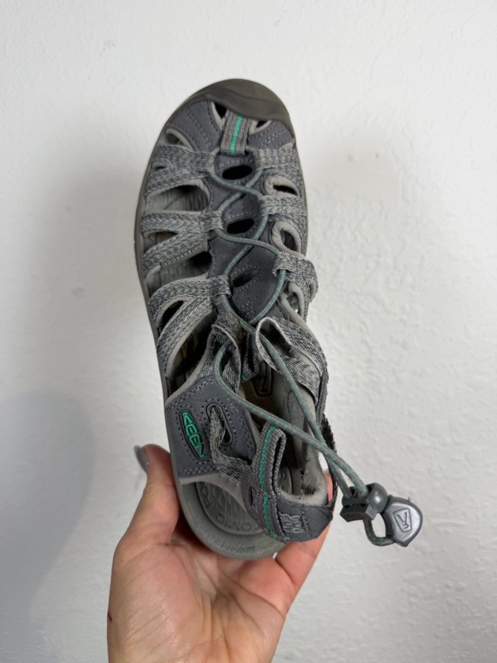 Keen Grey Sandal with Teal Accents, Size 6.5